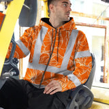 Hi Vis Zip Hoodie Reflective Tapes Orange Black Neon Flowers Custom Name Safety Workwear For Workers, Truckers, Operators