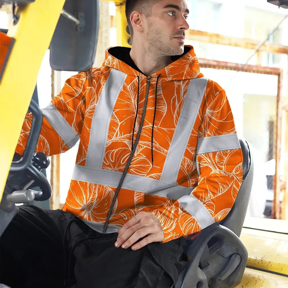 Hi Vis Zip Hoodie Reflective Tapes Orange Black Neon Flowers Custom Name Safety Workwear For Workers, Truckers, Operators