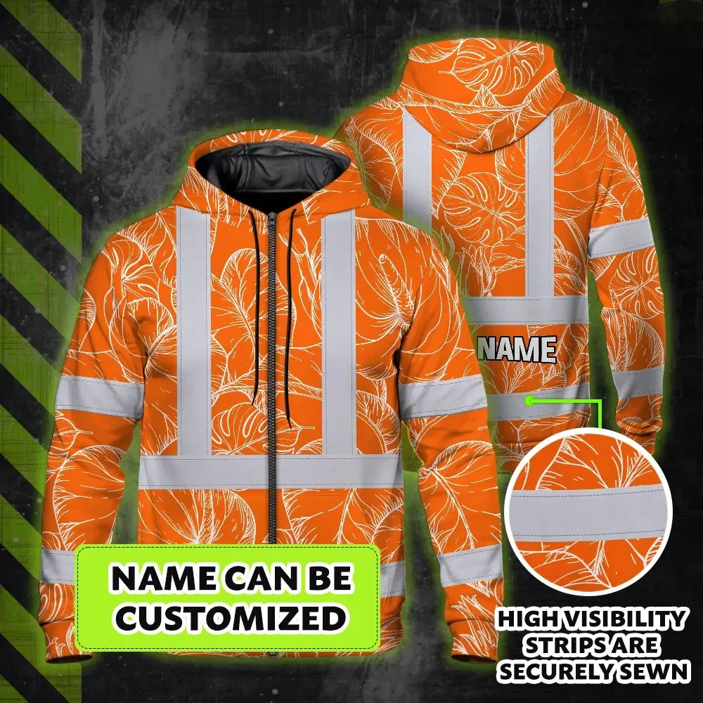 Hi Vis Zip Hoodie Reflective Tapes Orange Black Neon Flowers Custom Name Safety Workwear For Workers, Truckers, Operators