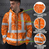 Hi Vis Zip Hoodie Reflective Tapes Orange Black Neon Flowers Custom Name Safety Workwear For Workers, Truckers, Operators