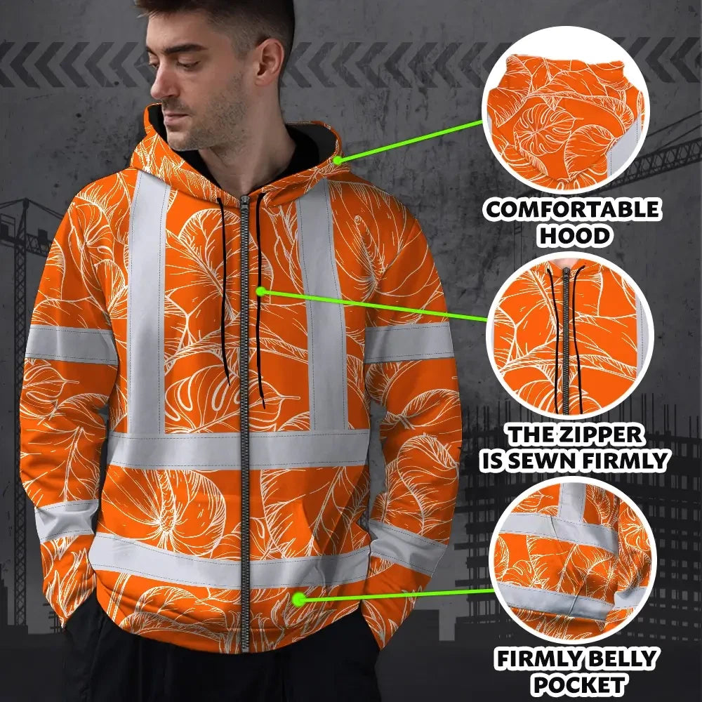 Hi Vis Zip Hoodie Reflective Tapes Orange Black Neon Flowers Custom Name Safety Workwear For Workers, Truckers, Operators