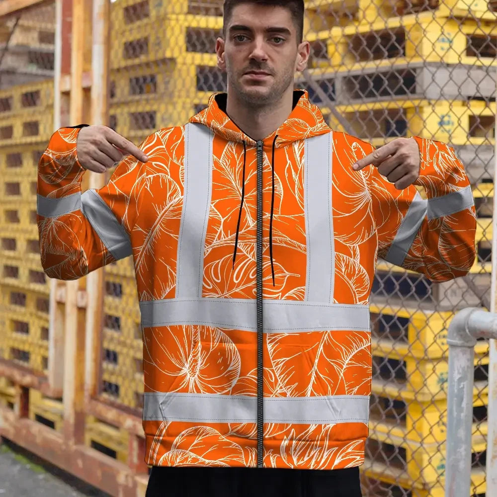 Hi Vis Zip Hoodie Reflective Tapes Orange Black Neon Flowers Custom Name Safety Workwear For Workers, Truckers, Operators
