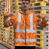Hi Vis Zip Hoodie Reflective Tapes Orange Black Neon Flowers Custom Name Safety Workwear For Workers, Truckers, Operators