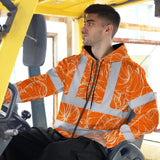 Hi Vis Zip Hoodie Reflective Tapes Orange Black Neon Flowers Custom Name Safety Workwear For Workers, Truckers, Operators