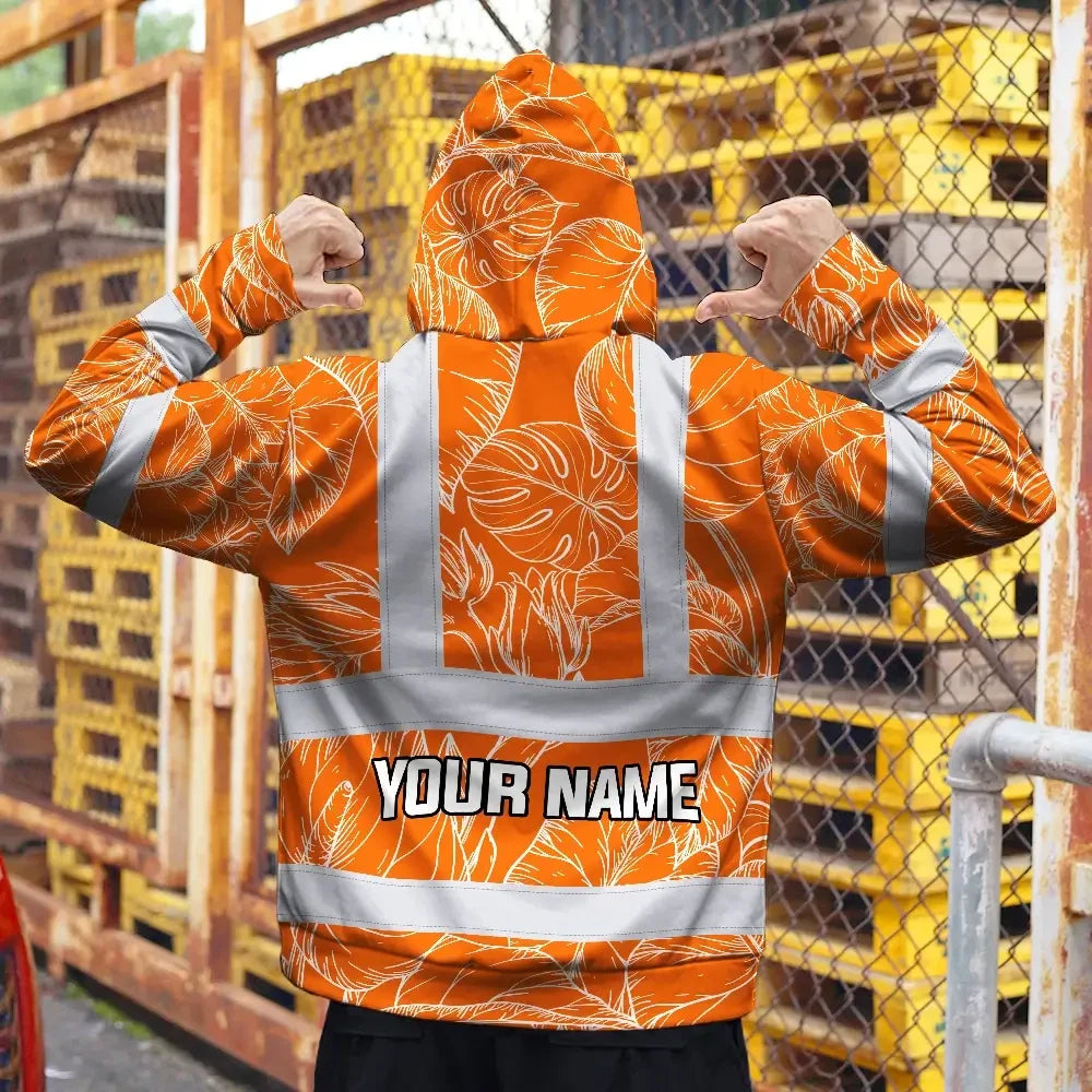Hi Vis Zip Hoodie Reflective Tapes Orange Black Neon Flowers Custom Name Safety Workwear For Workers, Truckers, Operators