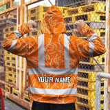 Hi Vis Zip Hoodie Reflective Tapes Orange Black Neon Flowers Custom Name Safety Workwear For Workers, Truckers, Operators