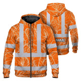 Hi Vis Zip Hoodie Reflective Tapes Orange Black Neon Flowers Custom Name Safety Workwear For Workers, Truckers, Operators