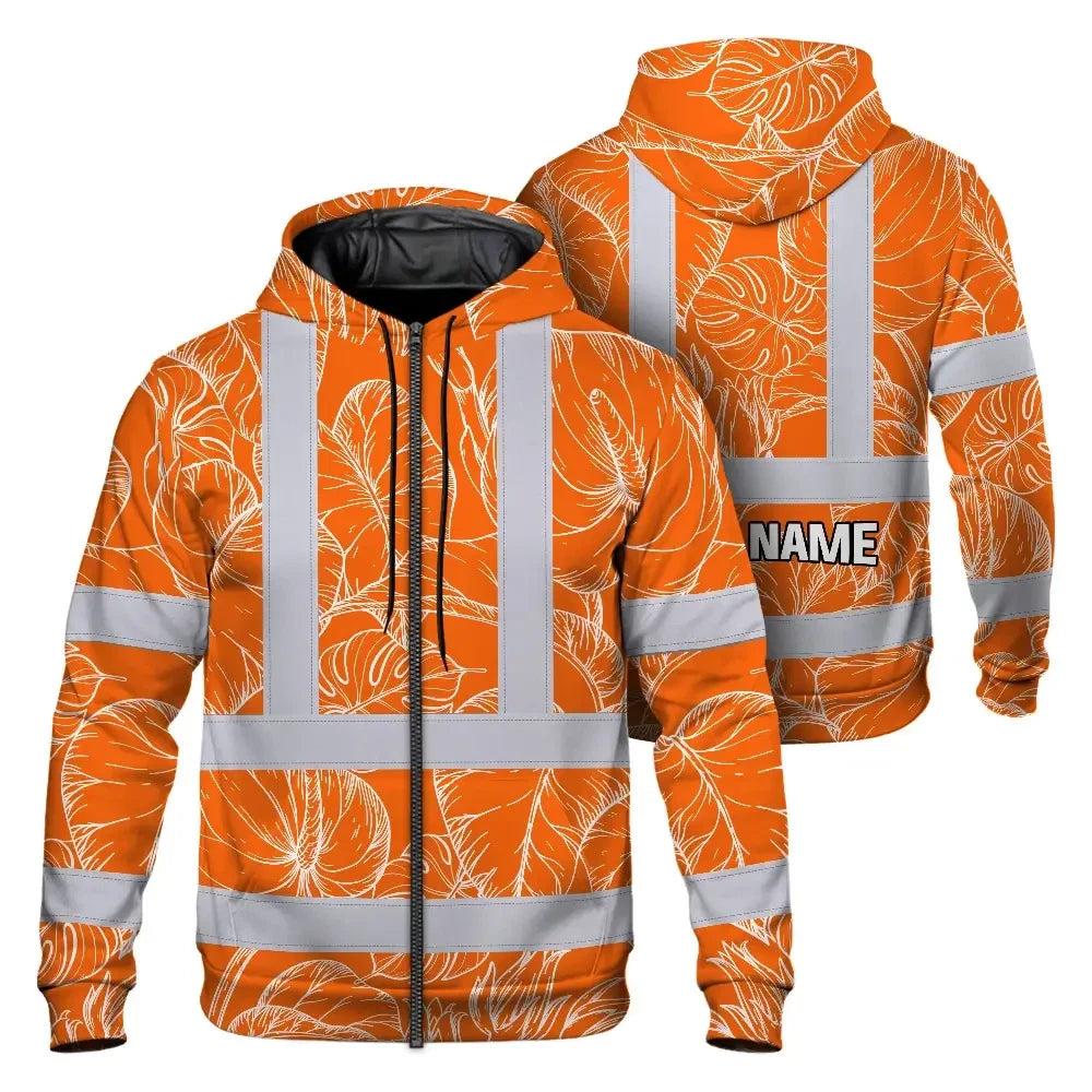 Hi Vis Zip Hoodie Reflective Tapes Orange Black Neon Flowers Custom Name Safety Workwear For Workers, Truckers, Operators