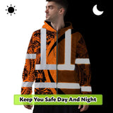 Hi Vis Zip Hoodie Reflective Tapes Orange Hawaiian Polynesian Tribal Custom Name Safety Workwear For Workers, Truckers, Operators