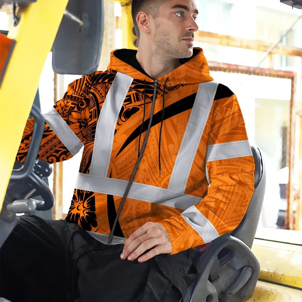 Hi Vis Zip Hoodie Reflective Tapes Orange Hawaiian Polynesian Tribal Custom Name Safety Workwear For Workers, Truckers, Operators