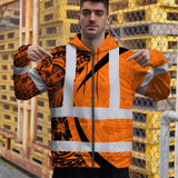 Hi Vis Zip Hoodie Reflective Tapes Orange Hawaiian Polynesian Tribal Custom Name Safety Workwear For Workers, Truckers, Operators