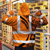 Hi Vis Zip Hoodie Reflective Tapes Orange Hawaiian Polynesian Tribal Custom Name Safety Workwear For Workers, Truckers, Operators