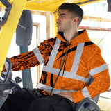 Hi Vis Zip Hoodie Reflective Tapes Orange Hawaiian Polynesian Tribal Custom Name Safety Workwear For Workers, Truckers, Operators