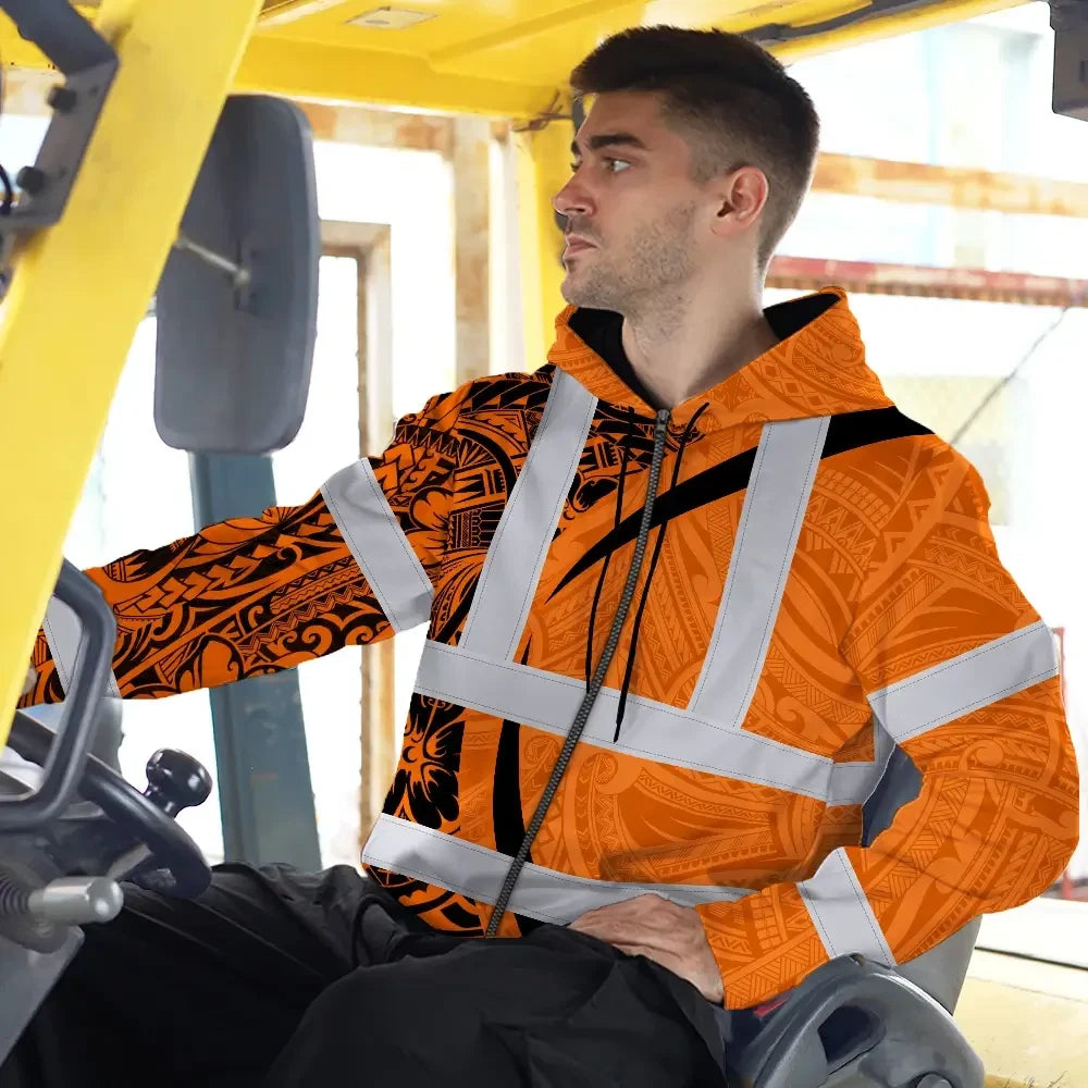 Hi Vis Zip Hoodie Reflective Tapes Orange Hawaiian Polynesian Tribal Custom Name Safety Workwear For Workers, Truckers, Operators