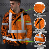 Hi Vis Zip Hoodie Reflective Tapes Orange Hawaiian Polynesian Tribal Custom Name Safety Workwear For Workers, Truckers, Operators