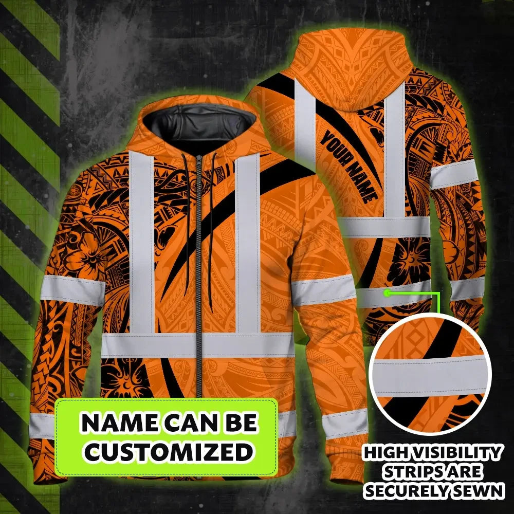 Hi Vis Zip Hoodie Reflective Tapes Orange Hawaiian Polynesian Tribal Custom Name Safety Workwear For Workers, Truckers, Operators