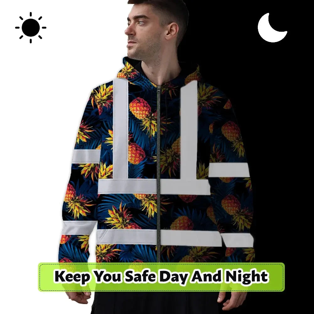Hi Vis Zip Hoodie Reflective Tapes Orange Neon And Dark Blue Custom Name Safety Workwear For Workers, Truckers, Operators