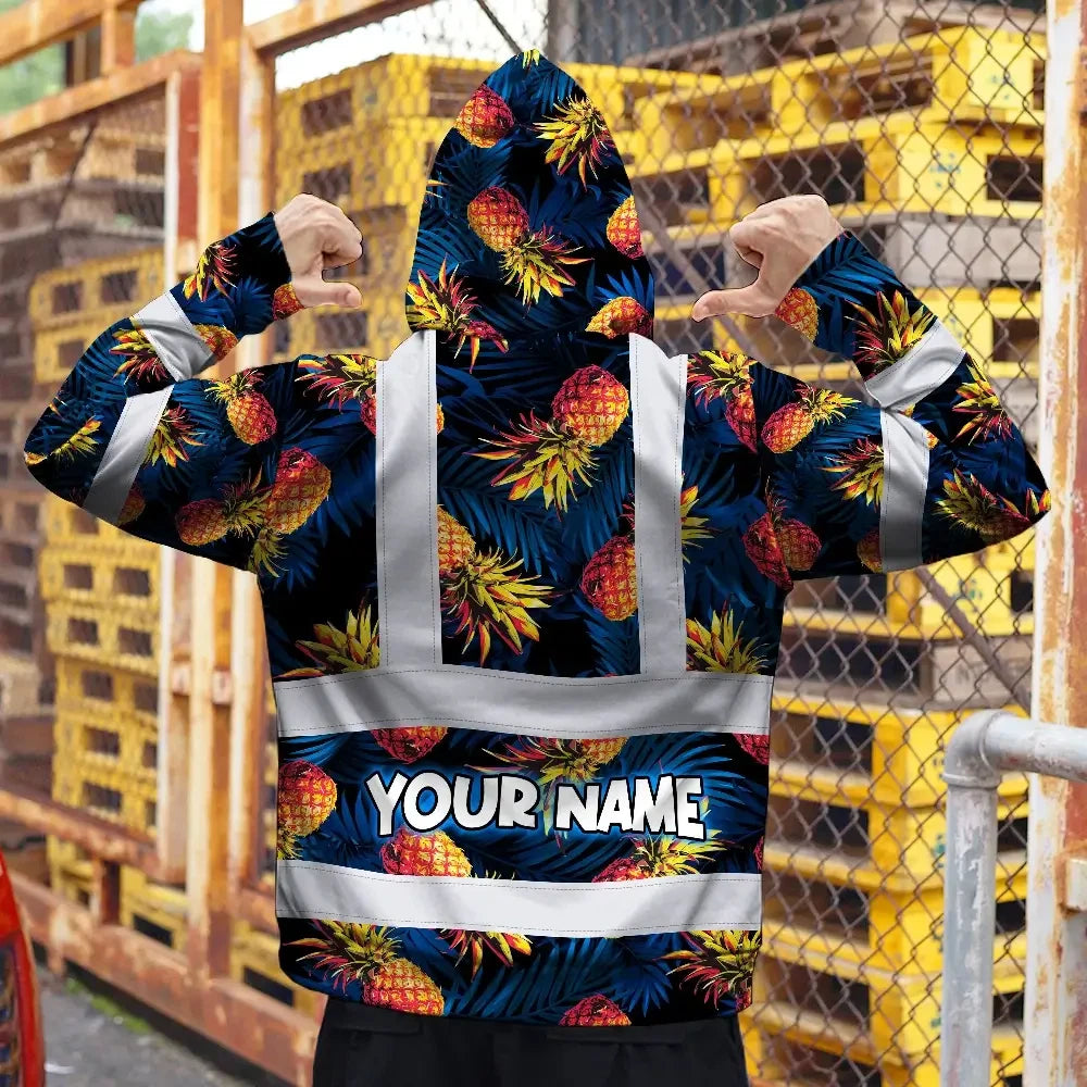 Hi Vis Zip Hoodie Reflective Tapes Orange Neon And Dark Blue Custom Name Safety Workwear For Workers, Truckers, Operators