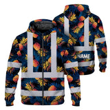 Hi Vis Zip Hoodie Reflective Tapes Orange Neon And Dark Blue Custom Name Safety Workwear For Workers, Truckers, Operators