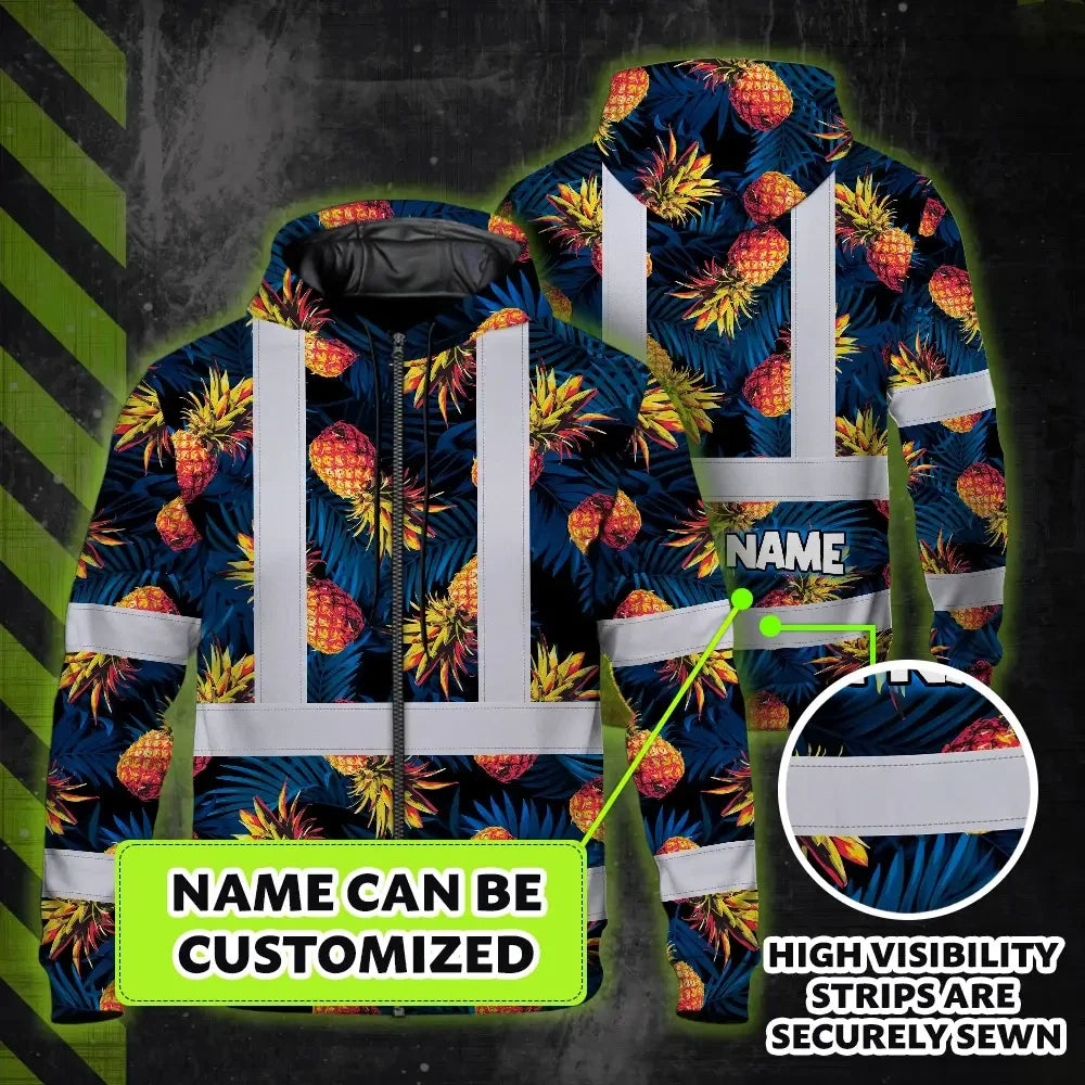 Hi Vis Zip Hoodie Reflective Tapes Orange Neon And Dark Blue Custom Name Safety Workwear For Workers, Truckers, Operators