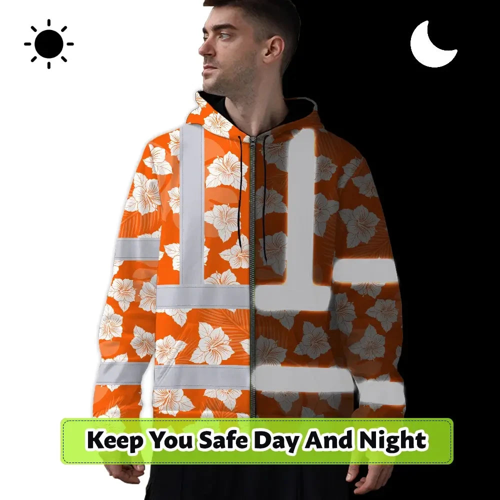 Hi Vis Zip Hoodie Reflective Tapes Orange Neon Flowers 2 Custom Name Safety Workwear For Workers, Truckers, Operators