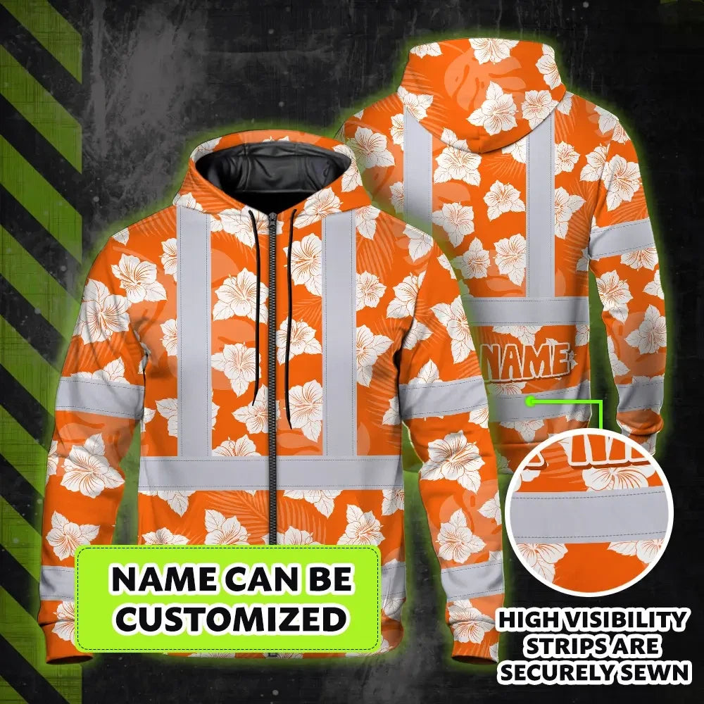 Hi Vis Zip Hoodie Reflective Tapes Orange Neon Flowers 2 Custom Name Safety Workwear For Workers, Truckers, Operators
