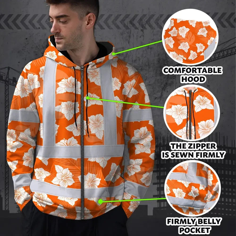Hi Vis Zip Hoodie Reflective Tapes Orange Neon Flowers 2 Custom Name Safety Workwear For Workers, Truckers, Operators