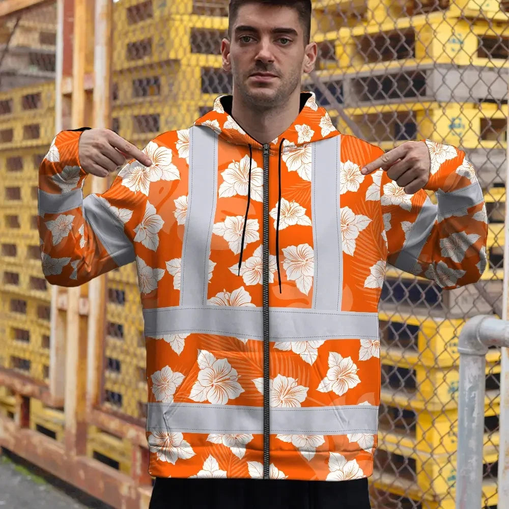 Hi Vis Zip Hoodie Reflective Tapes Orange Neon Flowers 2 Custom Name Safety Workwear For Workers, Truckers, Operators