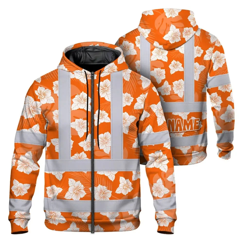 Hi Vis Zip Hoodie Reflective Tapes Orange Neon Flowers 2 Custom Name Safety Workwear For Workers, Truckers, Operators