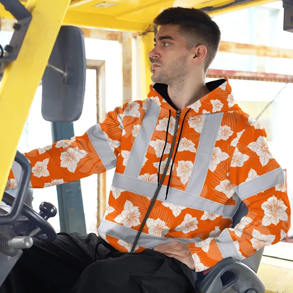 Hi Vis Zip Hoodie Reflective Tapes Orange Neon Flowers 2 Custom Name Safety Workwear For Workers, Truckers, Operators
