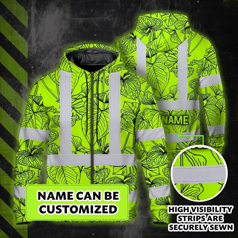 Hi Vis Zip Hoodie Reflective Tapes Orange Neon Flowers Custom Name Safety Workwear For Workers, Truckers, Operators