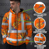Hi Vis Zip Hoodie Reflective Tapes Orange Neon Flowers Custom Name Safety Workwear For Workers, Truckers, Operators