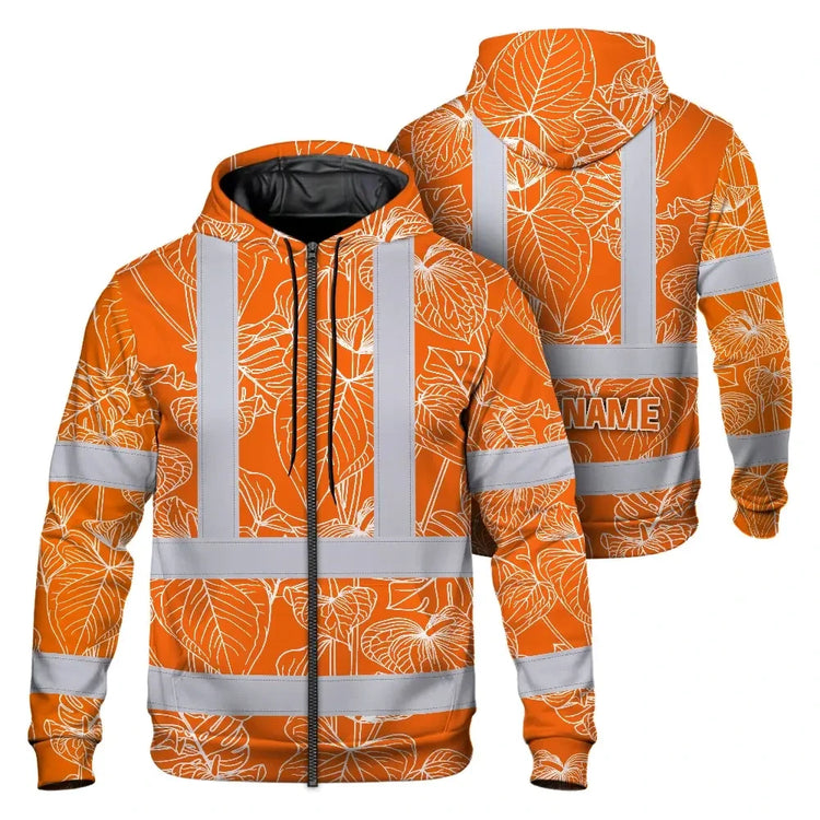 Orange Neon Flowers Hi-Vis Zip Hoodie