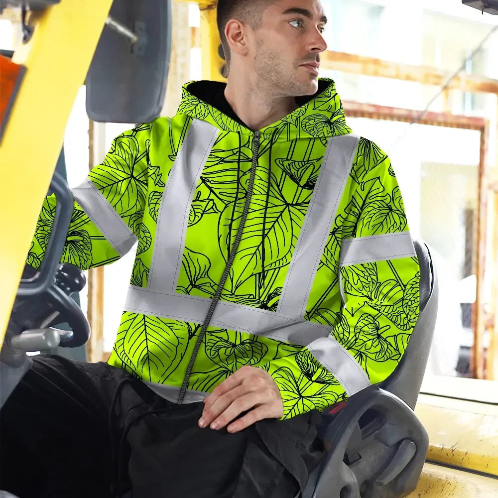Hi Vis Zip Hoodie Reflective Tapes Orange Neon Flowers Custom Name Safety Workwear For Workers, Truckers, Operators