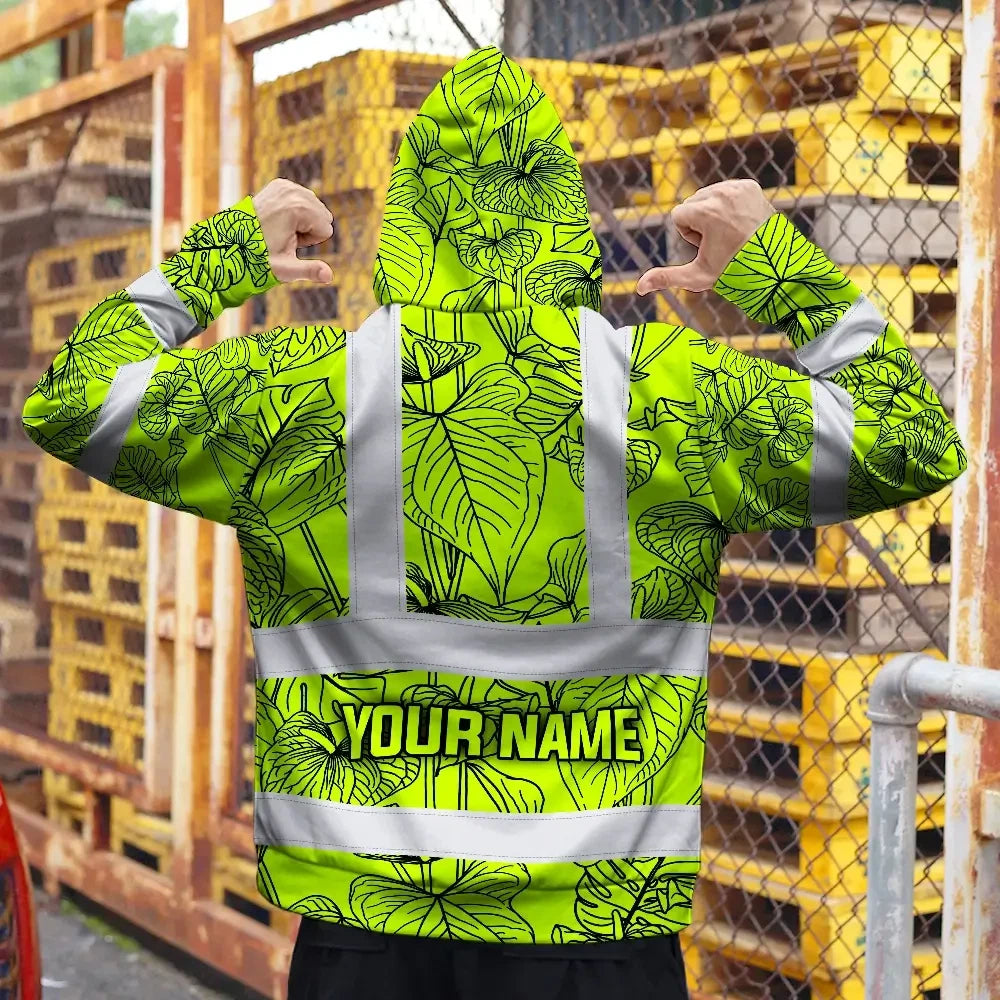 Hi Vis Zip Hoodie Reflective Tapes Orange Neon Flowers Custom Name Safety Workwear For Workers, Truckers, Operators