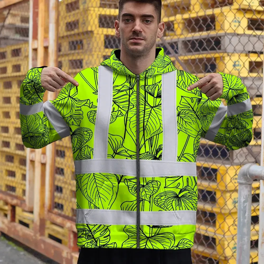Hi Vis Zip Hoodie Reflective Tapes Orange Neon Flowers Custom Name Safety Workwear For Workers, Truckers, Operators