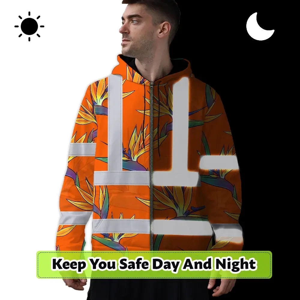 Hi Vis Zip Hoodie Reflective Tapes Orange Neon Flowers Custom Name Safety Workwear For Workers, Truckers, Operators