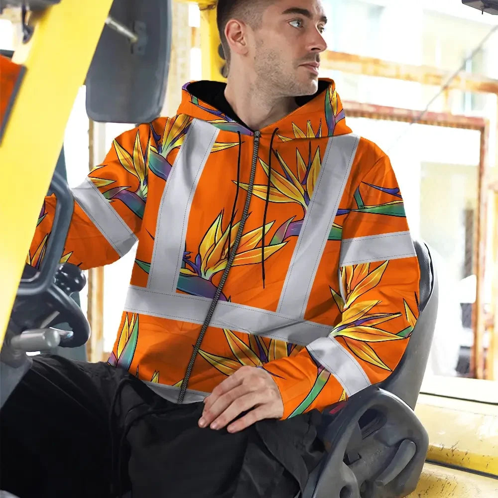 Hi Vis Zip Hoodie Reflective Tapes Orange Neon Flowers Custom Name Safety Workwear For Workers, Truckers, Operators