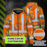 Hi Vis Zip Hoodie Reflective Tapes Orange Neon Flowers Custom Name Safety Workwear For Workers, Truckers, Operators