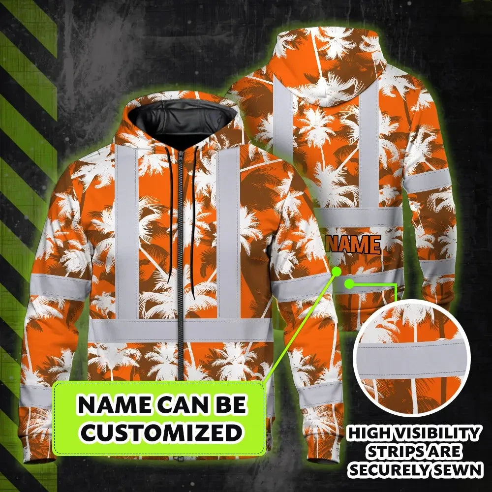 Hi Vis Zip Hoodie Reflective Tapes Orange Neon Flowers Custom Name Safety Workwear For Workers, Truckers, Operators