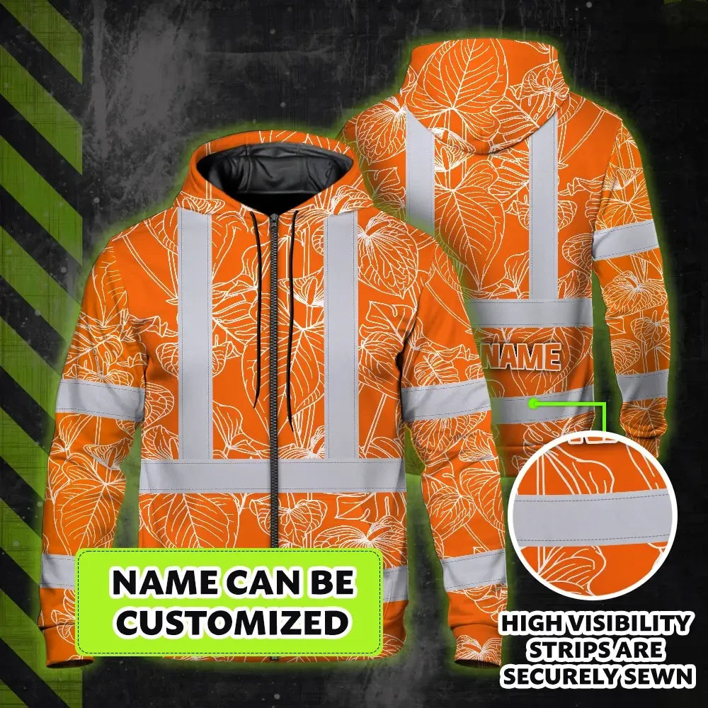 Hi Vis Zip Hoodie Reflective Tapes Orange Neon Flowers Custom Name Safety Workwear For Workers, Truckers, Operators