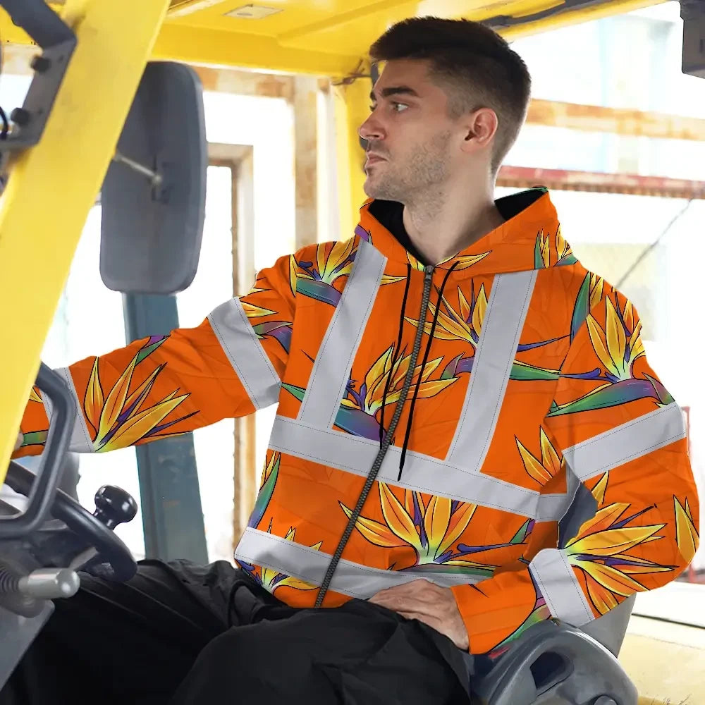 Hi Vis Zip Hoodie Reflective Tapes Orange Neon Flowers Custom Name Safety Workwear For Workers, Truckers, Operators
