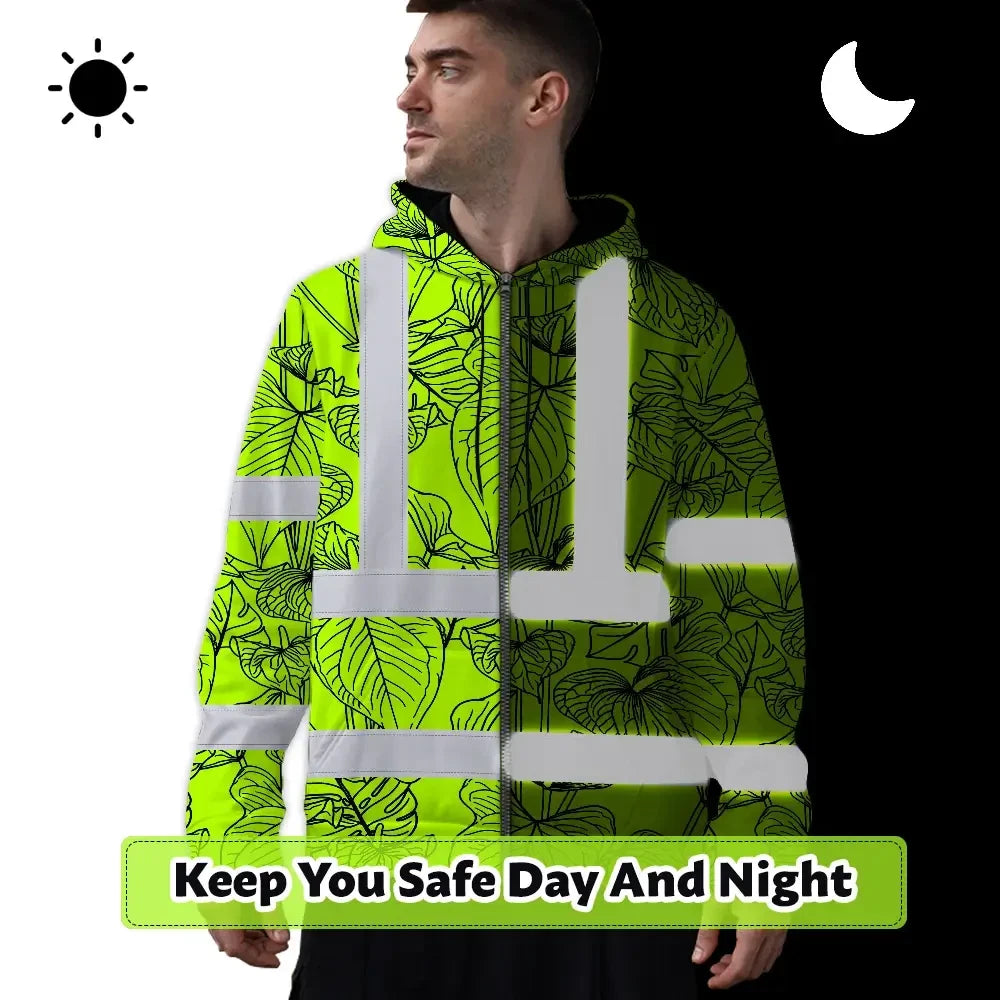 Hi Vis Zip Hoodie Reflective Tapes Orange Neon Flowers Custom Name Safety Workwear For Workers, Truckers, Operators