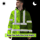 Hi Vis Zip Hoodie Reflective Tapes Orange Neon Flowers Custom Name Safety Workwear For Workers, Truckers, Operators