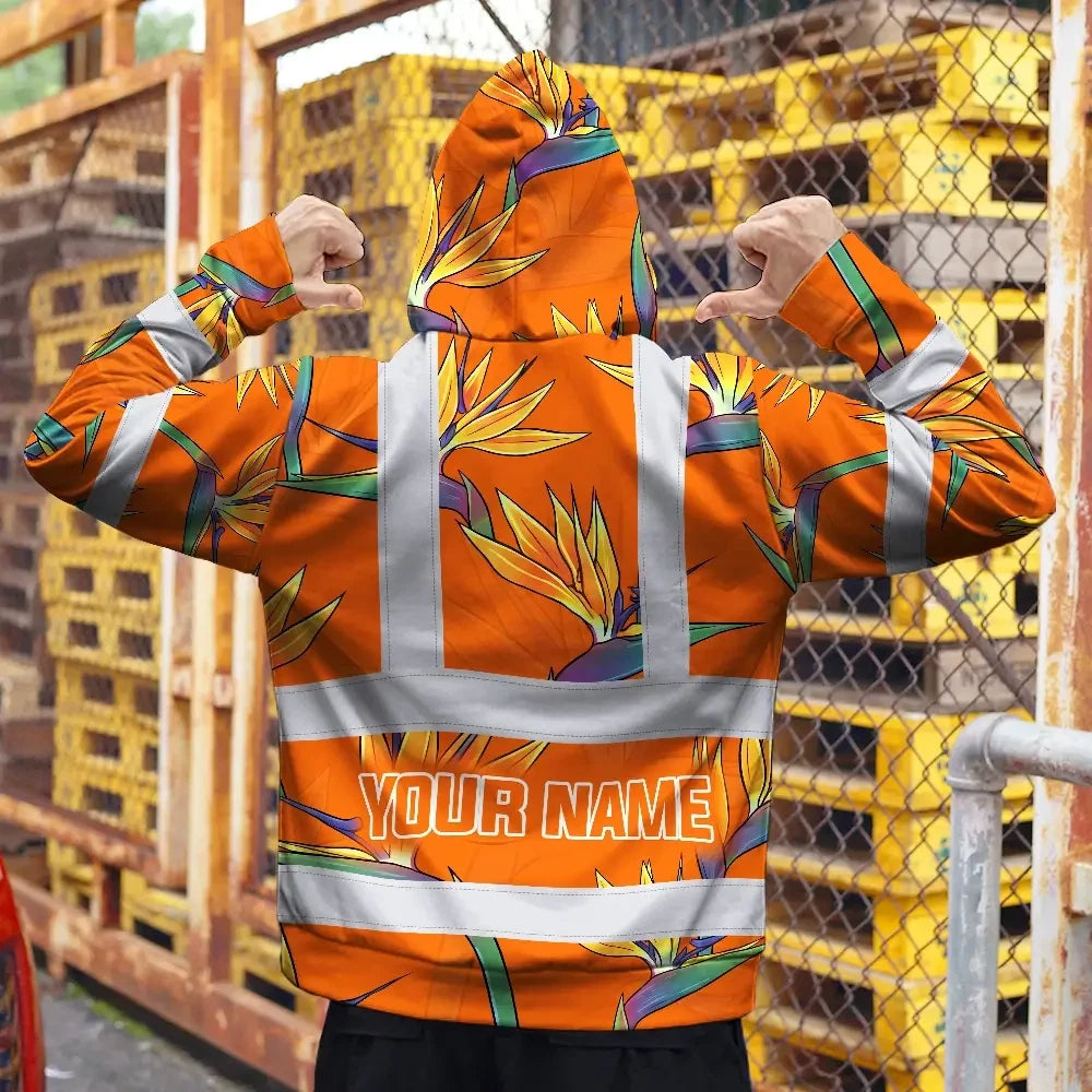 Hi Vis Zip Hoodie Reflective Tapes Orange Neon Flowers Custom Name Safety Workwear For Workers, Truckers, Operators