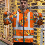 Hi Vis Zip Hoodie Reflective Tapes Orange Neon Flowers Custom Name Safety Workwear For Workers, Truckers, Operators