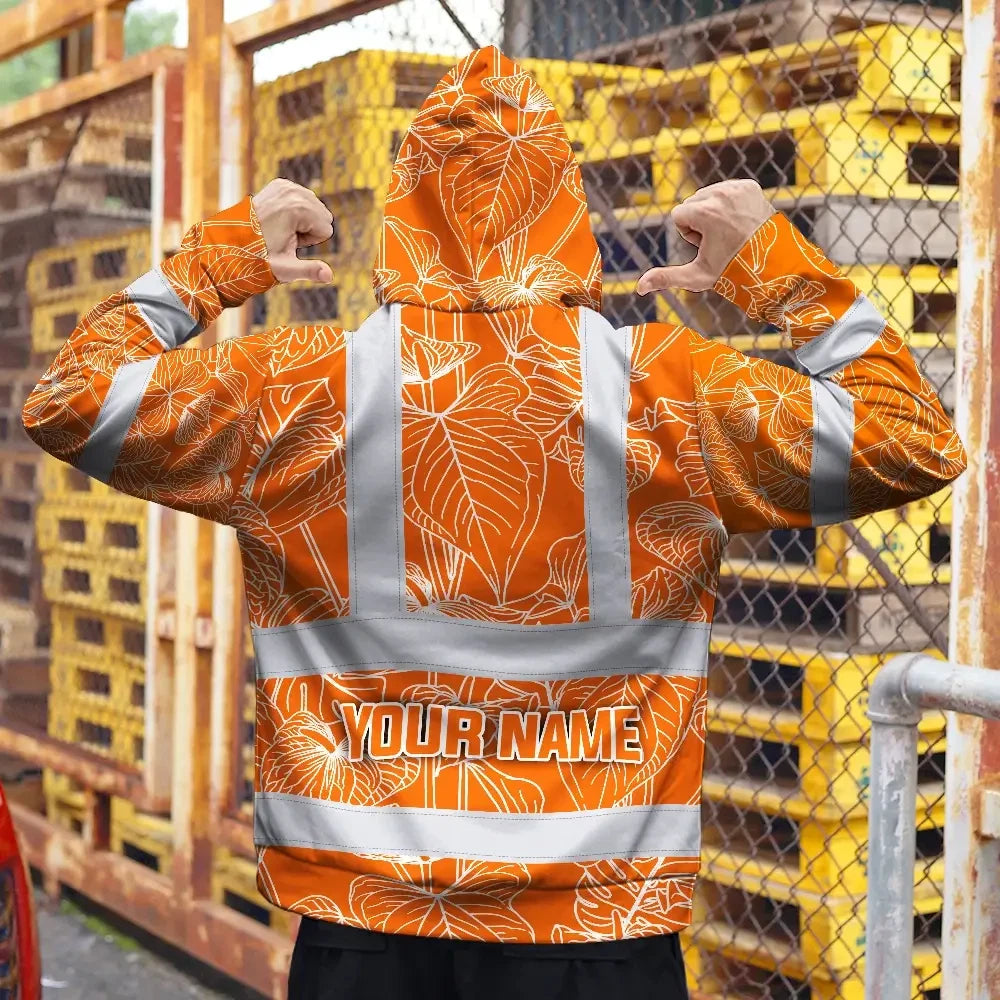 Hi Vis Zip Hoodie Reflective Tapes Orange Neon Flowers Custom Name Safety Workwear For Workers, Truckers, Operators