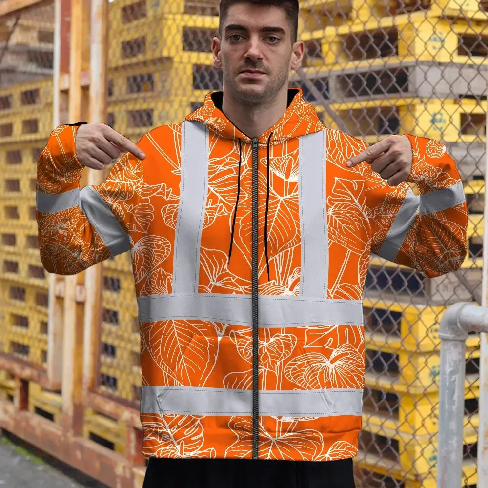 Hi Vis Zip Hoodie Reflective Tapes Orange Neon Flowers Custom Name Safety Workwear For Workers, Truckers, Operators