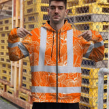 Hi Vis Zip Hoodie Reflective Tapes Orange Neon Flowers Custom Name Safety Workwear For Workers, Truckers, Operators