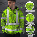 Hi Vis Zip Hoodie Reflective Tapes Orange Neon Flowers Custom Name Safety Workwear For Workers, Truckers, Operators